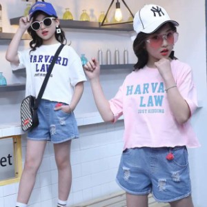 子供服 女の子 セットアップ 服 ｔシャツ デニムショートパンツ 2点セット おしゃれ 韓国子ども服 キッズ 小学生 通学 お出かけ 