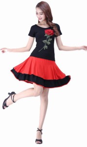 レディースダンスウェア衣装Tシャツフレアスカート上下セットドレス社交ダンススクエアダンスフォークダンス演劇ステージ花柄薔薇バラフ
