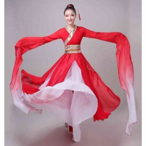 中華ダンス衣装 レディース 大人 チャイナ民族風ダンス衣装 漢服 古典舞踊 中国踊り 衣装 赤白 グラデーション 振り袖 水袖 中華 古典ダ