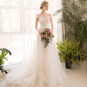 ウエディングドレス 袖あり チュール ドレス 結婚式 花嫁 ブライダルドレス Aライン 二次会 トレーンドレス ホワイト プリンセスドレス