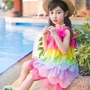 子供服 ワンピース 女の子 キッズワンピース フリル ノースリーブ ネックレス付き 虹色 子供ワンピース キッズワンピ 韓国風 カラー配色