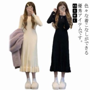 ニットワンピース ニット ワンピース レディース 春秋 春 カシュクール プリーツ vネック ハイウエスト スリム 長袖 ブラック マキシ ロ