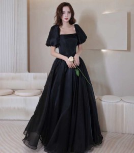 パーティードレス 結婚式 お呼ばれドレス カラードレス 黒 ロングドレス 演奏会 袖あり 大きいサイズ 3L 小さいサイズ 韓国 ドレス