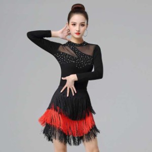 ダンス衣装 セットアップ レディース ラテンダンス衣装 社交ダンス ラテンドレス 黒 赤 ステージ衣装 大きいサイズ 3l 4l 5l