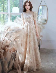 パーティードレス 結婚式 お呼ばれドレス 袖あり ハイネック ドレス ロング フレア カラードレス 大きいサイズ 3L 4L 小さいサイズ 韓国