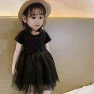 子供服 チュール ドレス ワンピース スカート ミディ丈 クルーネック 子供 キッズ 可愛い きれいめ エレガント 春 ガーリー