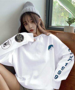 レディース ロゴトレーナー 韓国風 ビッグシルエット ロングTシャツ長袖 ロゴプリントトレーナー カジュアル ゆるチュニックトッ