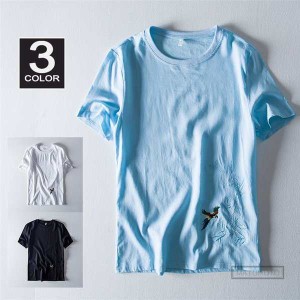 リネンTシャツ Tシャツ 麻 クルーネック Tシャツ メンズ 服 刺繍 カジュアルTシャツ トップス サマー