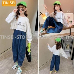 子供服 セットアップ キッズ 女の子 長袖 春秋 上下 2点セット トップス Tシャツ デニムパンツ ロングパンツ ジュニア おしゃれ カジュア