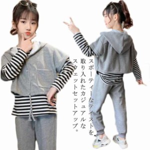 3点セット スウェット 女の子 ルームウェア ロンT セットアップ 子供服 半袖 ボーダー パーカー Tシャツ スウェットパンツ ジョガーパン