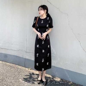 ロングドレスワンピース ロングワンピース ドレスワンピース フレンチ 半袖 袖あり 襟無し 夏 春 秋 かわいい 大人可愛い きれいめ シン