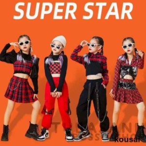 ダンス 衣装 キッズ 韓国 ガールズ スプライシング 赤 格子 トップス スカート セットアップ ジャズダンス へそ出し ヒップホップ 応援団