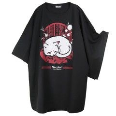 送料無料/[APPAREL]/ディオラート/オーバーサイズ・五分袖 プリントTシャツ [maroneko] ブラック x レッド (L) ゴスロリ・パンク/Deorart