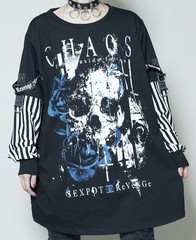 送料無料/[APPAREL]/セックスポットリベンジ/BLAST CHAOS STRIPE SLEEVE ビッグ カットソー 黒 + 白黒ボーダー x 白 + 青 (F) ゴスロリ・