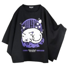 送料無料/[APPAREL]/ディオラート/オーバーサイズ・五分袖 プリントTシャツ [maroneko] ブラック x パープル (M) ゴスロリ・パンク/Deora