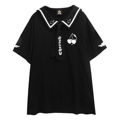 送料無料/[APPAREL]/リッスンフレーバー/ハートのチェリー ネクタイ付セーラーワンピ(TR天竺) BLACK (F) ゴスロリ・パンク/LISTEN FLAVOR