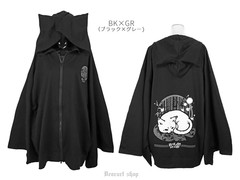 送料無料/[APPAREL]/ディオラート/[ネコ耳] [着物袖] オーバーサイズ・ バックプリント振袖ジップパーカー [ maroneko ] ブラック x グレ