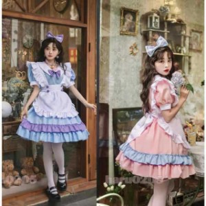 メイド服 ワンピース ピンク ブルー レディース コスプレ 膝丈 エプロン リボン クラシカル メイド ロリータ フリル 制服 喫茶店変