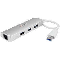 【新品/取寄品/代引不可】3ポート ポータブル USB 3.0ハブ (ギガビットイーサネット対応LANアダプタ内蔵) シルバー&