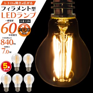 5個セット まとめ買いがお得 レトロな雰囲気! 電球色 フィラメント型LED電球 一般電球タイプ 口金E26 60W形相当 840lm クリアガラス エコ