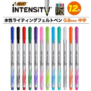 水性ライティングフェルトペン 12色セット 0.8mm カラーペン BICインテンシティ 水性ペン マーカー風 中字タッチ イラストペン 詰め合せ 