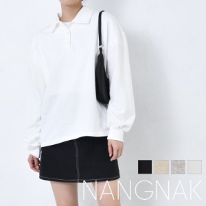 ナンナック ポロシャツ レディース メンズ ハーフボタン トップス グレー ホワイト 白 NANGNAK NN-0019 ハーフボタン 韓国 韓国ファッシ