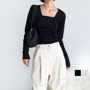 ナンナック 長袖Tシャツ レディース スクエアライントップス ホワイト 白 ブラック 黒 NANGNAK NN-0026 韓国 韓国ファッション トップス 