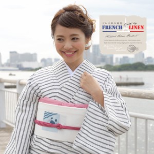 着物 洗える 洗える着物 単衣 プレタ着物 レディース 創美苑オリジナル オフホワイト 黒 ボーダー フレンチリネン 麻 夏着物 小紋 浴衣 S