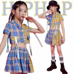 へそ出し キッズ ダンス 衣装 セットアップ チェック柄 トップス 韓国 ヒップホップ キッズダンス 女の子 体育祭 応援団 チアガール ガー