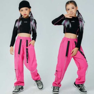 ダンス 衣装 韓国 ダンス 衣装 キッズ チアガール ガールズ 黒 トップス ピンク パンツ ジャズダンス へそ出し ヒップホップ 応援団 HIPH