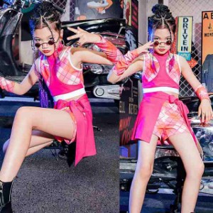 キッズ ダンス衣装 ガールズ ヒップホップ ジャズダンス 韓国 チアガール 応援団 ピンク ラティス スプライシング セット アップチア へ
