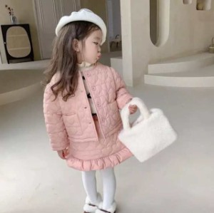 セットアップ女の子ハートジャンバーアウターピンク白フリルスカート可愛い韓国ベビーキッズ冬モコモココート