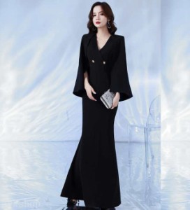 ケープスリーブ パーティードレス 結婚式 お呼ばれドレス 袖あり マーメイドドレス パーティードレス ロング 大きいサイズ 3L 4L 韓国 黒