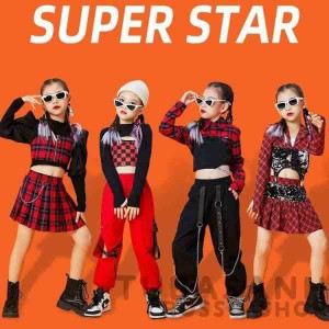 ダンス 衣装 キッズ 韓国 ガールズ スプライシング 赤 格子 トップス スカート セットアップ ジャズダンス へそ出し ヒップホップ 応援団