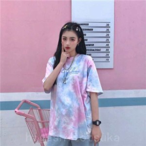 Tシャツ レディース タイダイ柄 ゆるい トップス 韓国ファッション 原宿系 BF風 ヒップホップ ダンス ストリート風 カジュアル