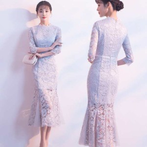 結婚式 お呼ばれドレス 総レース 袖あり ワンピースドレス マーメイド シースルー 大きいサイズ 3L 4L 韓国パーティードレス