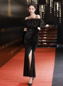 オフショルダー ドレス タイト スリット パーティードレス 結婚式 お呼ばれドレス フェザー ロングドレス 大きいサイズ 3L 韓国 ドレス