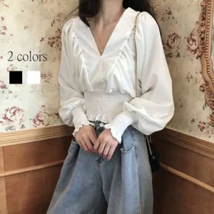 レディース トップス ブラウス カットソー ショート丈 Vネック パフスリーブ シフォン 大人 ガーリー フェミニン 可愛い おしゃ