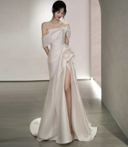 ウェディングドレス マーメイド トレーン ウェディングドレス 袖あり オフショルダー ドレス ロングドレス 深スリット 大きいサイズ 3L