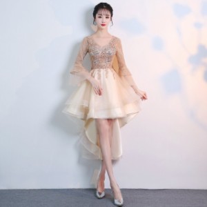 フィッシュテール ビジュー パーティー ドレス ワンピース 七分袖 ミニ丈 大きいサイズ 小さいサイズ 結婚式 お呼ばれ 2S 2L 3L 韓国