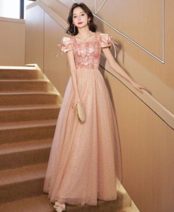 ウェディングドレス カラードレス ウェディング 二次会 ドレス 花嫁 ピンク パフスリーブ オフショルダー 大きいサイズ Aライン フレア