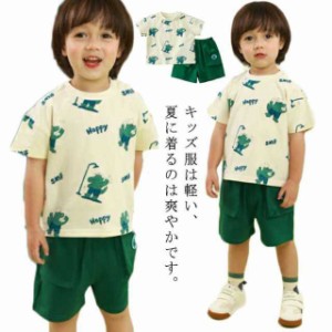 2点セット 上下セット 半袖 男の子 恐竜柄 2024 夏 Ｔシャツ+ハーフパンツ 綿 ショートパンツ 半ズボン トレーナー プリント ポケット付