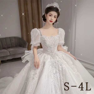 花嫁 ウェディングドレス スクエアネック プリンセスライン 白ドレス トレーンドレス ワンピース プリンセス かわいい シンプル 結婚式