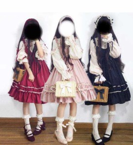 ゴスロリワンピース ドレス ロリィタ OP長袖膝丈 Lolita ロリータ コスプレ エプロン 日常洋服リボン可愛いイチゴ2点セットアップ