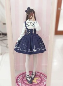 ゴスロリワンピース ドレス ロリィタ OP長袖膝丈 Lolita ロリータ コスプレ エプロン 日常洋服リボン可愛いセーラー服　2点セットアップ