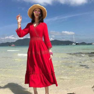 赤 リゾートワンピース ロング ミモレ丈 長袖 レース マキシ丈ワンピース 海外旅行 ホワイト ワンピース Vネック リゾート Aライン おし