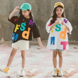 子供服 キッズ Tシャツ 半袖 英字プリント ゆったり 女の子 シャツワンピース チュニック ガールズ ジュニア 韓国子供服 綿 コットン 可