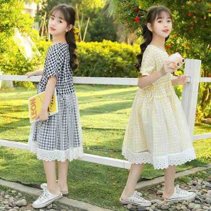 ワンピース キッズ 子供服 女の子 夏 キッズワンピース 半袖ワンピース チェック柄 チュール 子供ドレス ジュニア 子ども お姫様 おしゃ