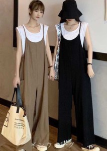 レディース パンツ ボトムス サロペット Tシャツ つなぎ ロングパンツ 袖なし ワイド オーバーサイズ かわいい 大人可愛い シンプル カジ