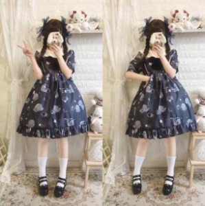 ガラスクラゲ柄セーラー風春夏ワンカラーゴスロリワンピース ドレス ロリィタ OP膝丈 Lolita ロリータ コスプレ エプロン 日常洋服リボン